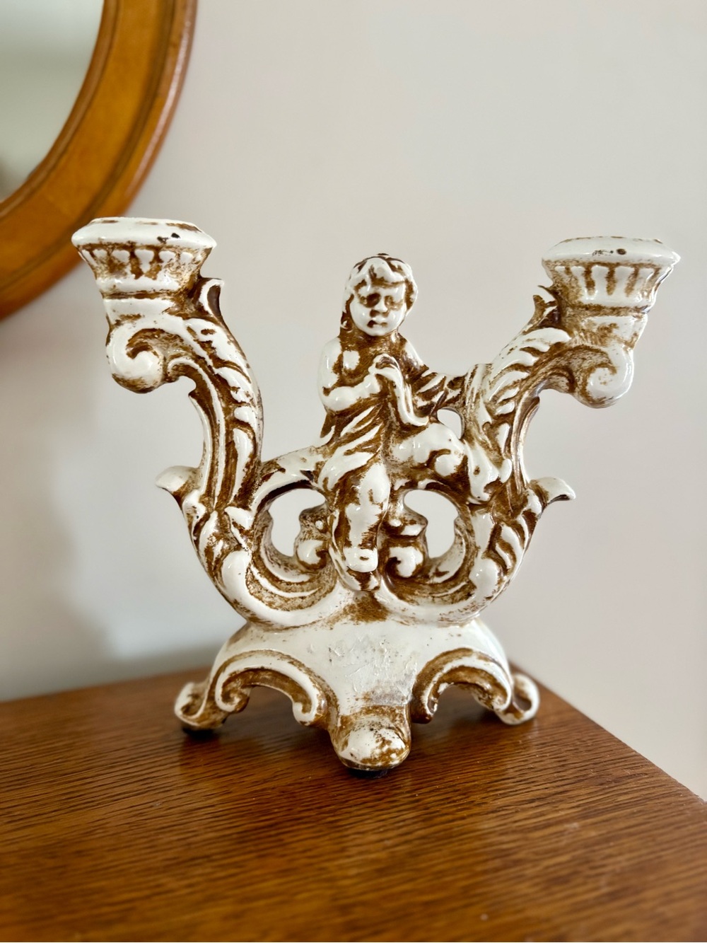 Vintage Italian Lavorato A Mano Ceramic Cherub Candelabra